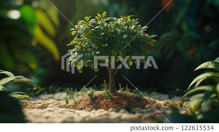 Majestic tree sprouting in a divine forest with vibrant greenery and heavenly light 122615534