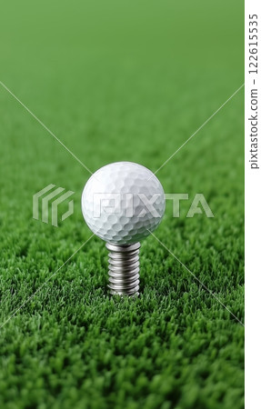 Unique golf ball on a silver screw tee ready to be struck on fresh green grass 122615535