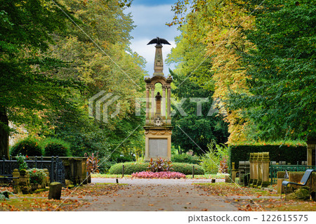 Eagle column and central square of the historic Melaten cemetery in Cologne in early fall 122615575