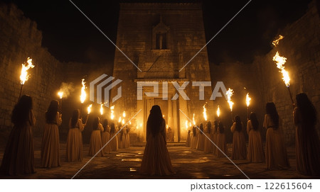 Adult Caucasian women in flowing robes carry torches in a nighttime procession towards an ancient stone temple. Celebrating Assyrian New Year with a sacred ritual 122615604