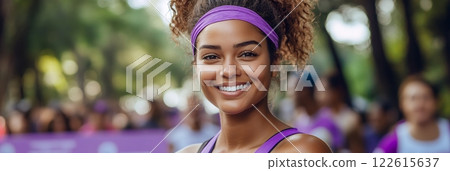 A smiling young Black woman with curly hair wears a purple headband at a Lupus awareness event. She confidently promotes support and understanding of the disease 122615637