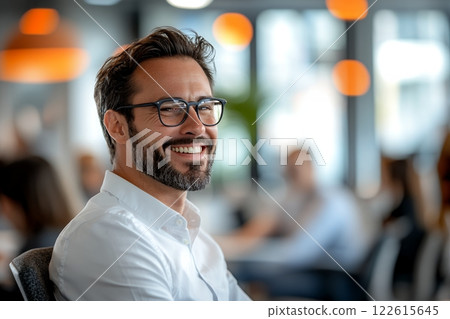 A happy Caucasian adult male wearing glasses smiles broadly in a modern office setting. This cheerful image celebrates National Fun Day with its joyful expression and bright atmosphere A happy Caucasian adult male wearing glasses smiles broadly in a modern office setting. This cheerful image celebrates National Fun Day with its joyful expression and bright atmosphere 122615645