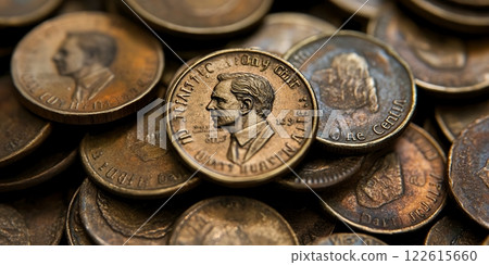 Close up view of a pile of tarnished one cent coins, commemorating National One Cent Day. A single coin, featuring a male profile, is in sharp focus, highlighting the event 122615660