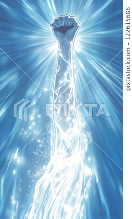 A fist, glowing blue, rises, radiating strength and resilience. This image embodies empowerment and the fight against sexual assault, ideal for SAAM awareness 122615688