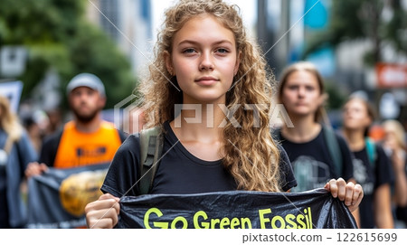 Young Caucasian female teen with long blonde curly hair holds a Go Green Fossil Fools Day banner at a climate protest. She's surrounded by other young climate activists 122615699
