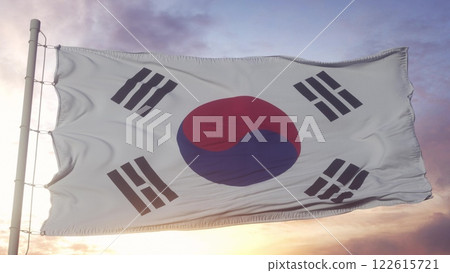South Korea flag waving in the wind, dramatic sky background. 3d illustration South Korea flag waving in the wind, dramatic sky background. 3d illustration 122615721