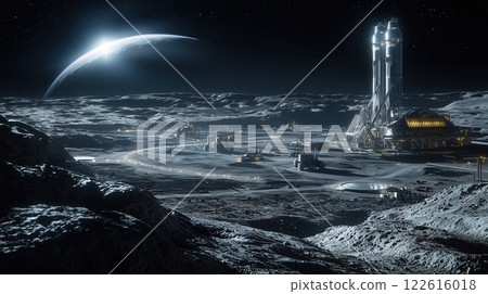 Futuristic Moonlit Landscape Helium, Extraction Rigs Robotic Harvesters Cargo Ship Soaring to Earth Futuristic Moonlit Landscape Helium, Extraction Rigs Robotic Harvesters Cargo Ship Soaring to Earth 122616018