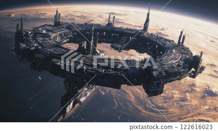 Futuristic Space Station Orbiting Distant Exoplanet Featuring Rotating Habitats and Autonomous Drones Against Vibrant Gaseous Background Futuristic Space Station Orbiting Distant Exoplanet Featuring Rotating Habitats and Autonomous Drones Against Vibrant Gaseous Background 122616023