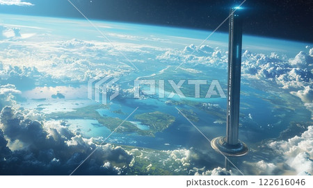 Oral Elevator Soars from Lush Exoplanet Surface to Floating Spaceport Amid Twin Suns and Vast Oceans 122616046