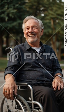 Elderly man in a wheelchair smiling cheerfully Elderly man in a wheelchair smiling cheerfully 122616080