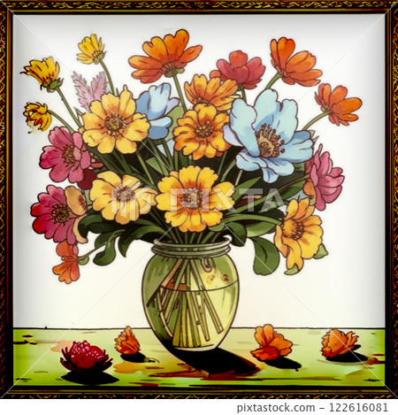 Painting with a bouquet of flowers in a vase. Large vase with various flowers. Painting with a bouquet of flowers in a vase. Large vase with various flowers. 122616081