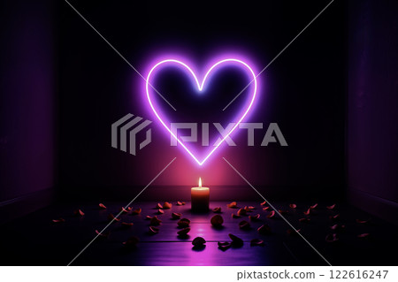 Neon Heart in Dark Room with Candle and Rose Petals Neon Heart in Dark Room with Candle and Rose Petals 122616247