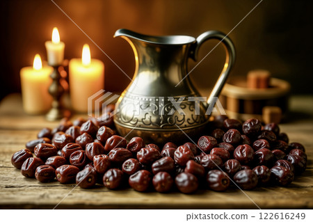 Ramadan Iftar Still Life with Dates and Water Jug Ramadan Iftar Still Life with Dates and Water Jug 122616249
