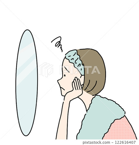 Dissatisfied woman looking in the mirror Dissatisfied woman looking in the mirror 122616407