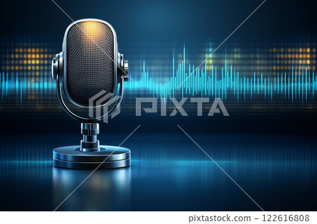 Retro Microphone with Sound Waveform on a Pastel Background for Broadcasting and Podcasting Use 122616808
