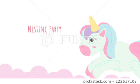 Nesting party banner honor of expectant parents. Unicorn on pink clouds. Website poster design in pastel colors. Vector illustration. 122617102