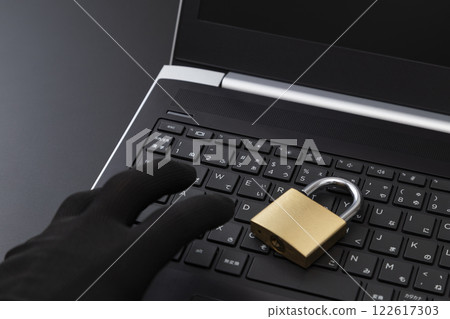 Laptop and padlock 122617303