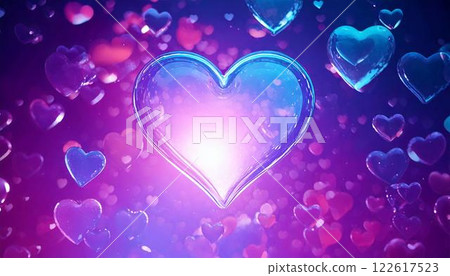 Illustration of two jelly-like hearts in neon colors, pink and blue, flying Illustration of two jelly-like hearts in neon colors, pink and blue, flying 122617523