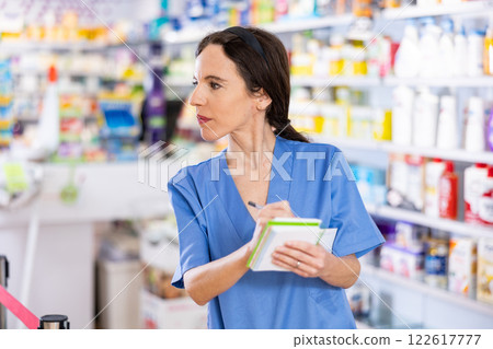 Portrait of female pharmacist working in drugstore 122617777