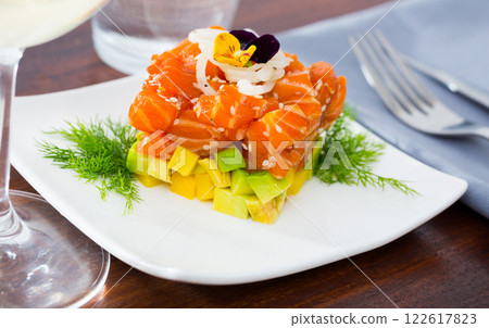 Raw salmon tartare with avocado 122617823