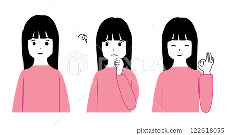 上身女孩臉部表情集:微笑、困擾、OK 手勢 上身女孩臉部表情集:微笑、困擾、OK 手勢 122618055