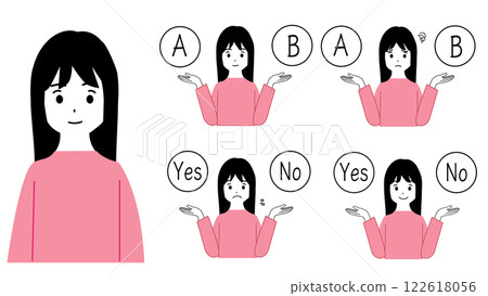 Illustration set of the upper body of a young woman who is confused about what to choose. Smiling and worried faces 122618056
