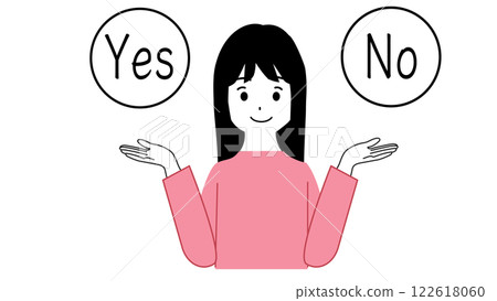 一位年輕女子的上半身插圖,她微笑著,思考著“是”或“否” 一位年輕女子的上半身插圖,她微笑著,思考著“是”或“否” 122618060