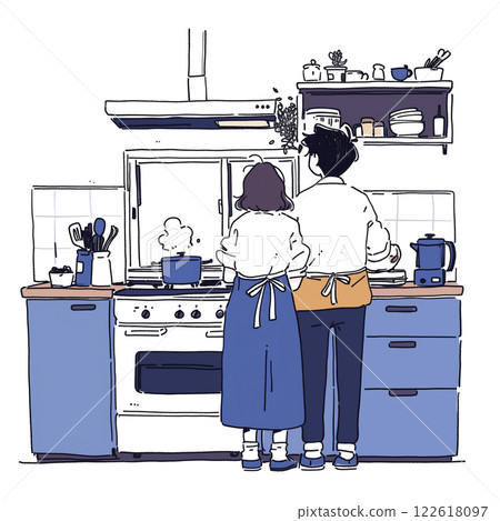 Two people cooking together in the kitchen 122618097
