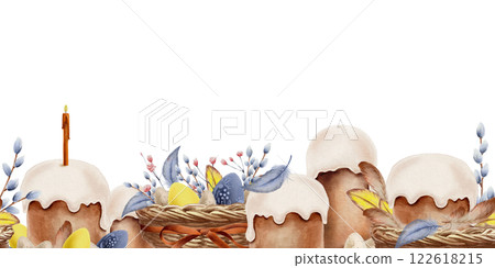 Easter seamless border of Easter cake,candle,eggs,willow, gypsophila,feathers. Looks good kitchen textiles,cookbooks,greeting cards.Watercolor illustration on transparent background Easter seamless border of Easter cake,candle,eggs,willow, gypsophila,feathers. Looks good kitchen textiles,cookbooks,greeting cards.Watercolor illustration on transparent background 122618215