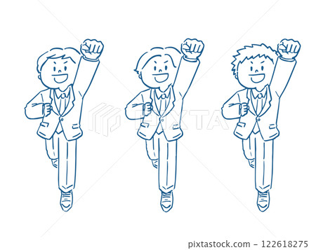 Line drawing illustration set of a man in a suit raising his fist, full body Line drawing illustration set of a man in a suit raising his fist, full body 122618275