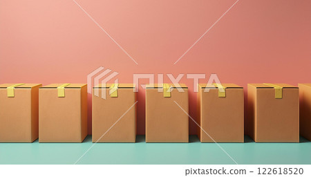 Neatly arranged cardboard boxes - moving, new life, delivery Neatly arranged cardboard boxes - moving, new life, delivery 122618520