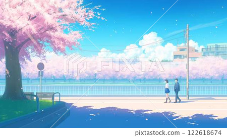 Spring scenery of cherry blossom trees and blue skies | Illustration of high school students commuting to school 122618674