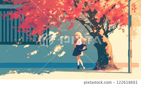 秋葉季節 | 秋季通勤上學的高中女生 122618681