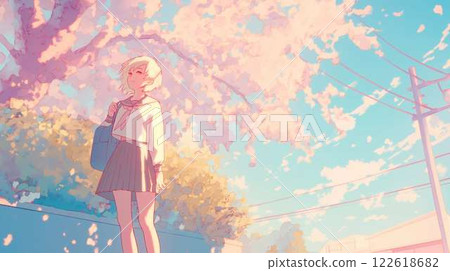 櫻花飄落的春日早晨 | 身穿水手服的女高中生上學的插畫 122618682