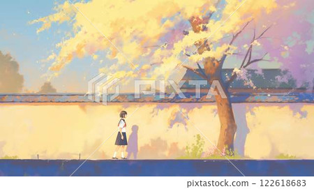 黃昏的校路和身穿水手服的女孩 | 懷舊的秋季風景插畫 122618683