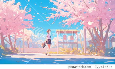 A bus stop with cherry blossoms in full bloom and a spring breeze | A refreshing illustration of a schoolgirl in uniform commuting to school 122618687
