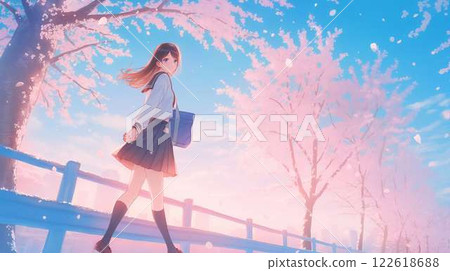 Spring scenery of cherry blossom trees and blue skies | Illustration of high school students commuting to school 122618688