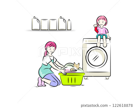 家庭主婦(母親)洗衣服,女孩(女兒),貓 | 家庭系列 家庭主婦(母親)洗衣服,女孩(女兒),貓 | 家庭系列 122618878