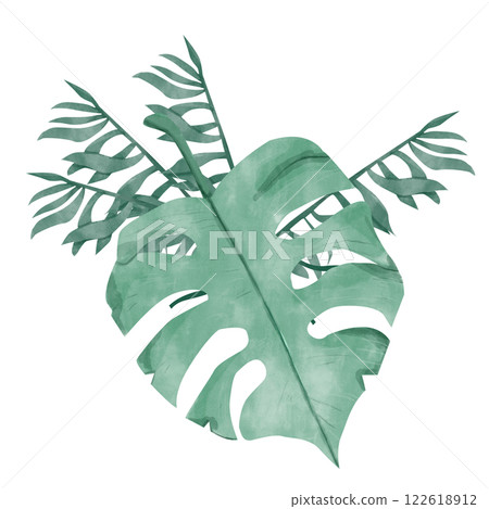 Watercolor Tropical Composition Huge Monstera Leaf and Palm Tree Branches with Leaves Illustration Digital for Printing and Web 122618912