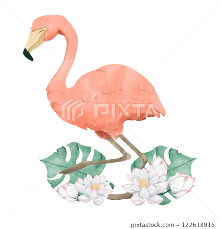 Watercolor Flamingo with Lotus Flowers, Monstera Leaves Composition Illustration Digital for Printing and Web 122618916