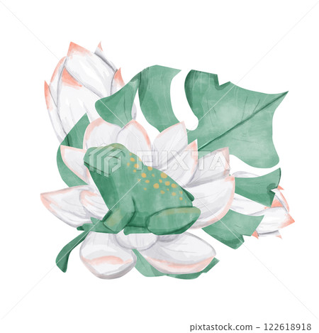 Watercolor Composition Green Monstera Leaf with White Water Lilies and Green Toad Illustration Digital for Printing and Web 122618918