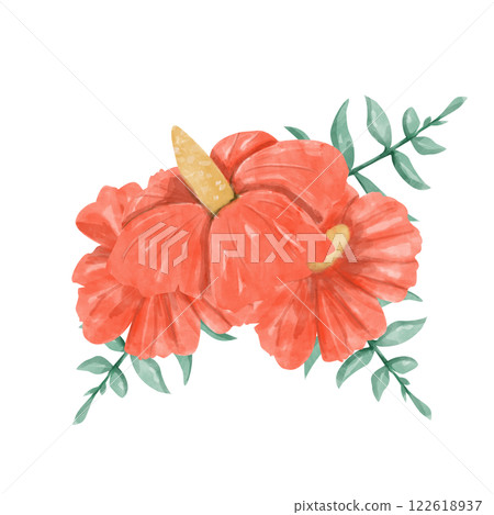 Watercolor Bouquet with Hibiscus Flowers Red and Green Juicy Foliage Composition Illustration Digital for Printing and Web 122618937