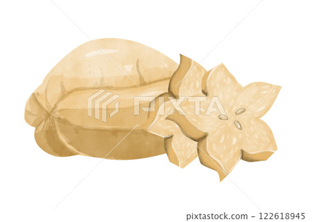 Ripe Carambola Fruit Watercolor Composition with Whole Fruit and Two Slices in Foreground Digital Illustration for Printing and Web Ripe Carambola Fruit Watercolor Composition with Whole Fruit and Two Slices in Foreground Digital Illustration for Printing and Web 122618945