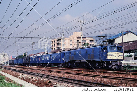 1982: An EF58-hauled freight train running through Ashiya city 1982: An EF58-hauled freight train running through Ashiya city 122618981