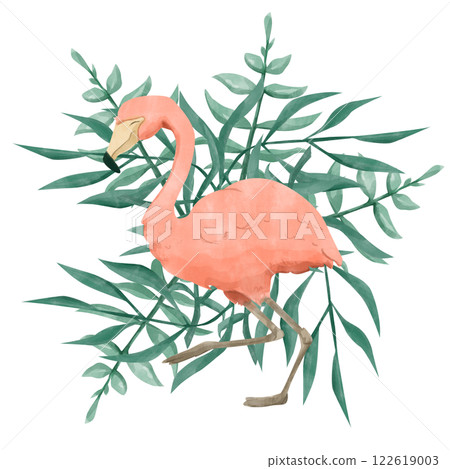 Watercolor Pink Flamingo Bird with Lush Foliage, Composition Illustration for Printing, Web and Textiles 122619003