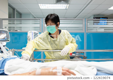 Doctor medical care patient on bed in hospital Doctor medical care patient on bed in hospital 122619074