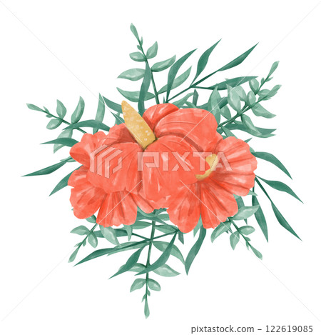 Watercolor Red Hibiscus Flowers with Tropical Foliage, Composition Illustration for Printing, Web and Textiles 122619085
