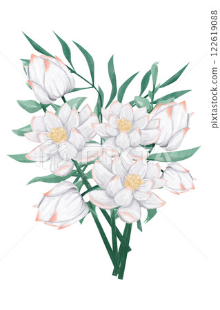 Watercolor Tropical Bouquet with White Lotus Lily Flowers and Palm Branches Leaves, Composition Illustration for Printing, Web and Textiles Watercolor Tropical Bouquet with White Lotus Lily Flowers and Palm Branches Leaves, Composition Illustration for Printing, Web and Textiles 122619088