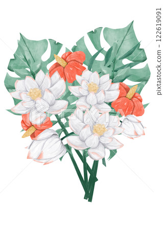 Watercolor Exotic Bouquet with White and Red Tropical Flowers and Lush Foliage, Composition Illustration for Printing, Web and Textiles 122619091