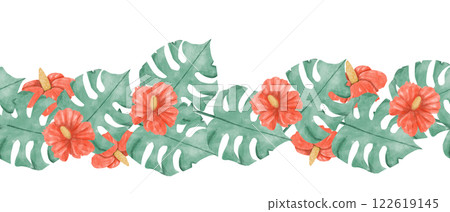Seamless Watercolor Tropical Border with Red Hibiscus Flowers, Lush Exotic Foliage, for Design Print, Web, Textile, Tape and other Products 122619145